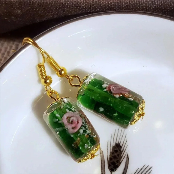 Green Murano Lampwork Glass Vintage Beads with Flower Inside Earrings - Picture 2 of 11
